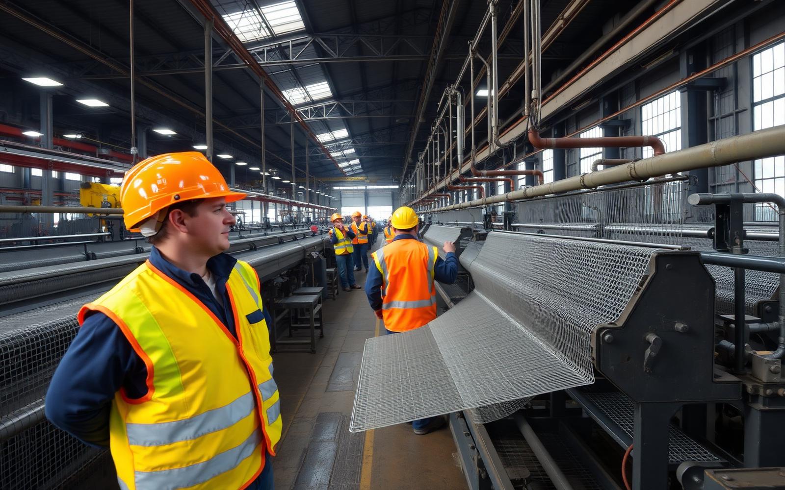 Interior da fábrica de telas com máquinas de tecelagem de malha galvanizada